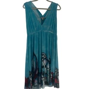 Live and Let Live Butterfly Print Sleeveless Dress Turquoise Blue Y2K Style Sz M